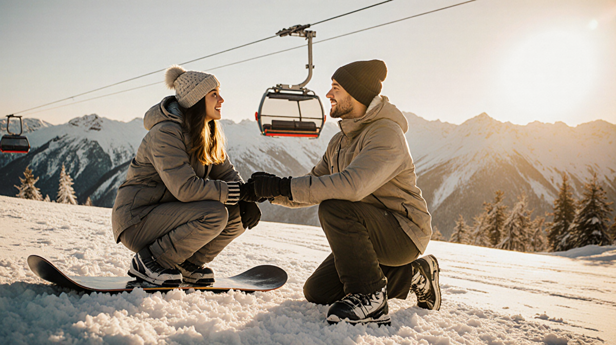 Woman sitting with snowboard looking frustrated and relieved with stranger kneeling to help near golden-lit mountain