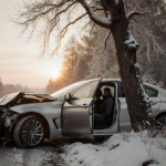 Silver car crashed into snow-covered tree with dusk light highlighting glass and an ajar door revealing winter clothing