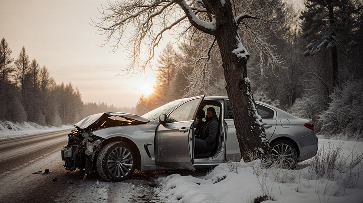 Silver car crashed into snow-covered tree with dusk light highlighting glass and an ajar door revealing winter clothing