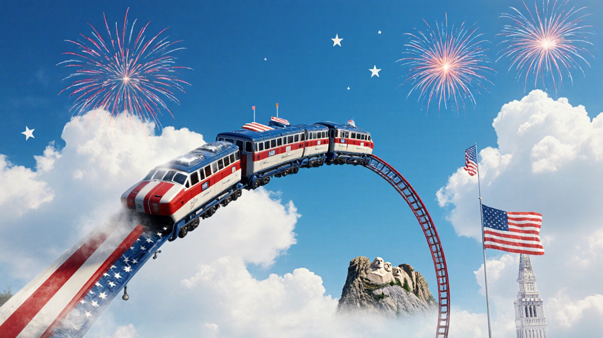 Soarin ride vehicles gliding over American landmarks with fireworks bursting and patriotic flags waving beneath blue summer s