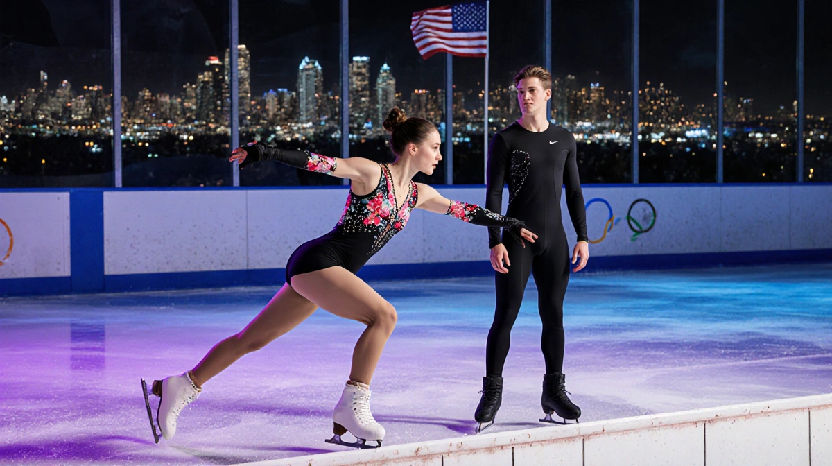Female figure skater performing toe loop jump with floral outfit and Los Angeles skyline visible through frosty glass behind