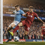 Liverpool defender tackling Marseille player in Champions League soccer mid‑air clash with golden light and blue shadows