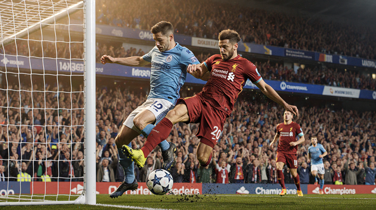 Liverpool defender tackling Marseille player in Champions League soccer mid‑air clash with golden light and blue shadows