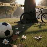 Abandoned soccer ball lies on grass with autumn fallen leaves and flowers near police tape leaning bike under shadows in park