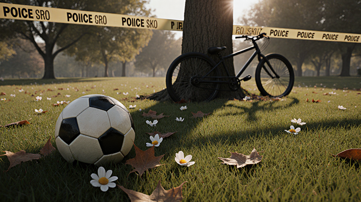 Abandoned soccer ball lies on grass with autumn fallen leaves and flowers near police tape leaning bike under shadows in park