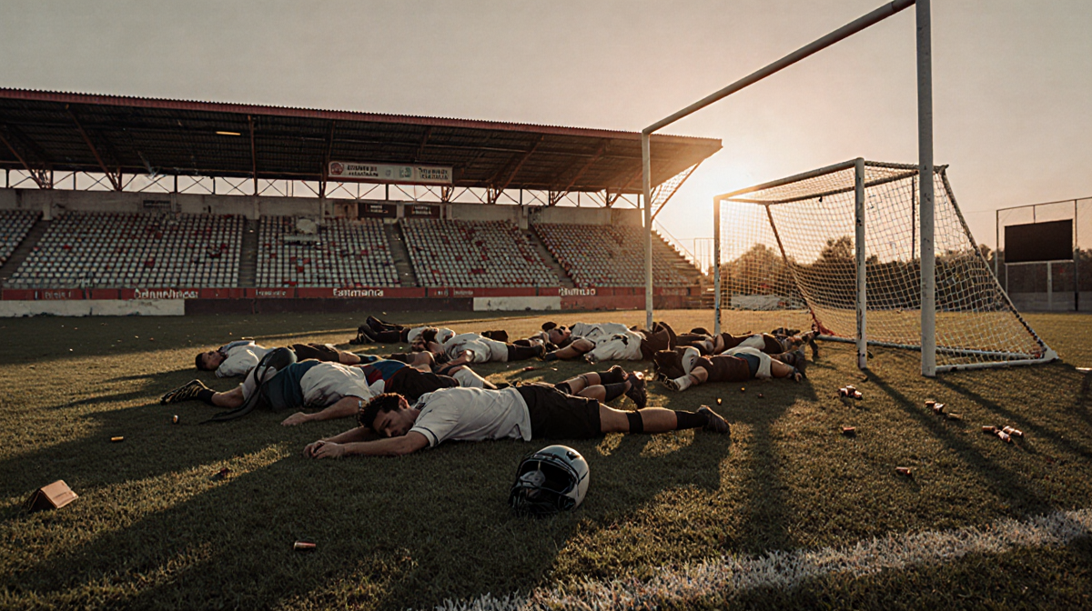 Injured bodies lying on a soccer field with scattered seats, shattered goalposts, a helmet under a setting sun