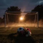 A memorial lies on the soccer field at dusk with abandoned bouquet and ball near the empty goal
