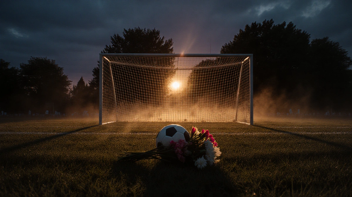 A memorial lies on the soccer field at dusk with abandoned bouquet and ball near the empty goal