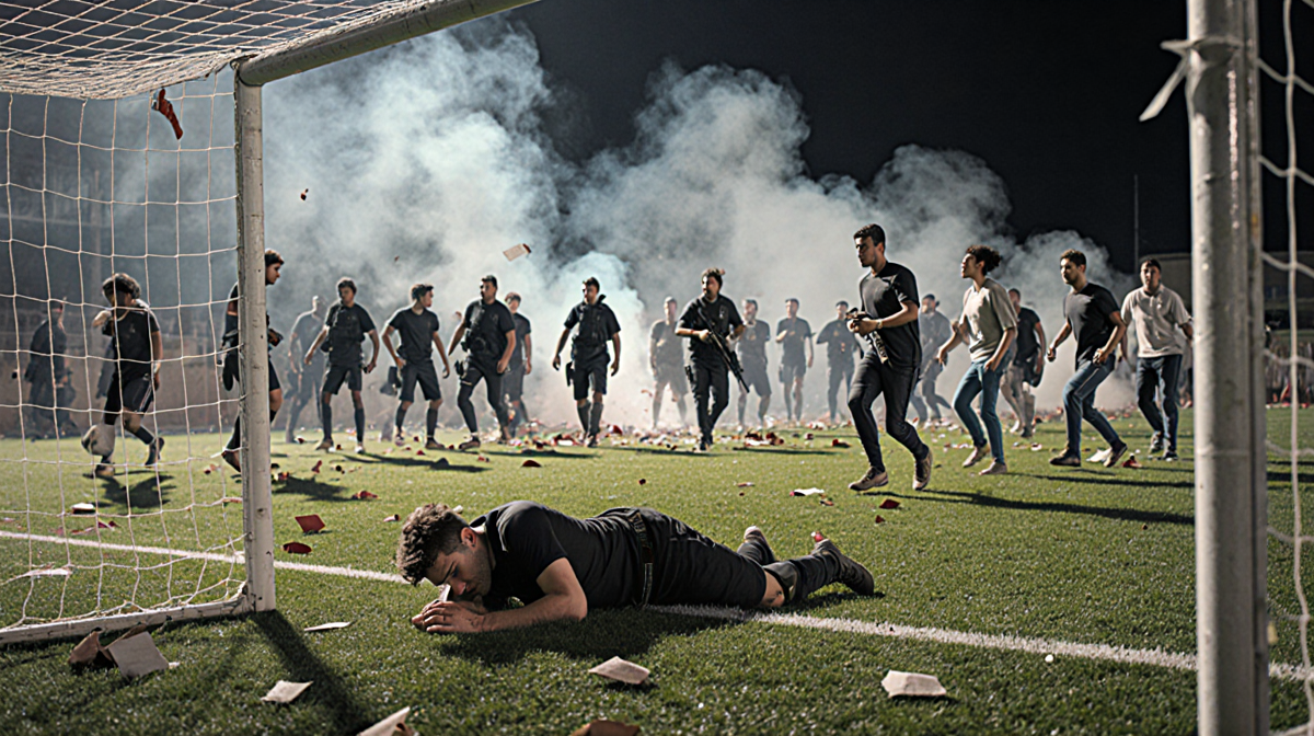 Crowd flees across soccer field with gunmen behind goalposts and smoke filling the air