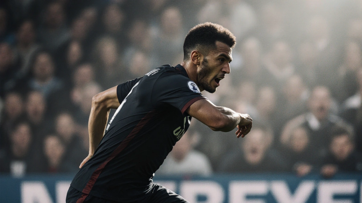 Soccer player sprinting with raised elbow and intense expression near blurred stadium crowd
