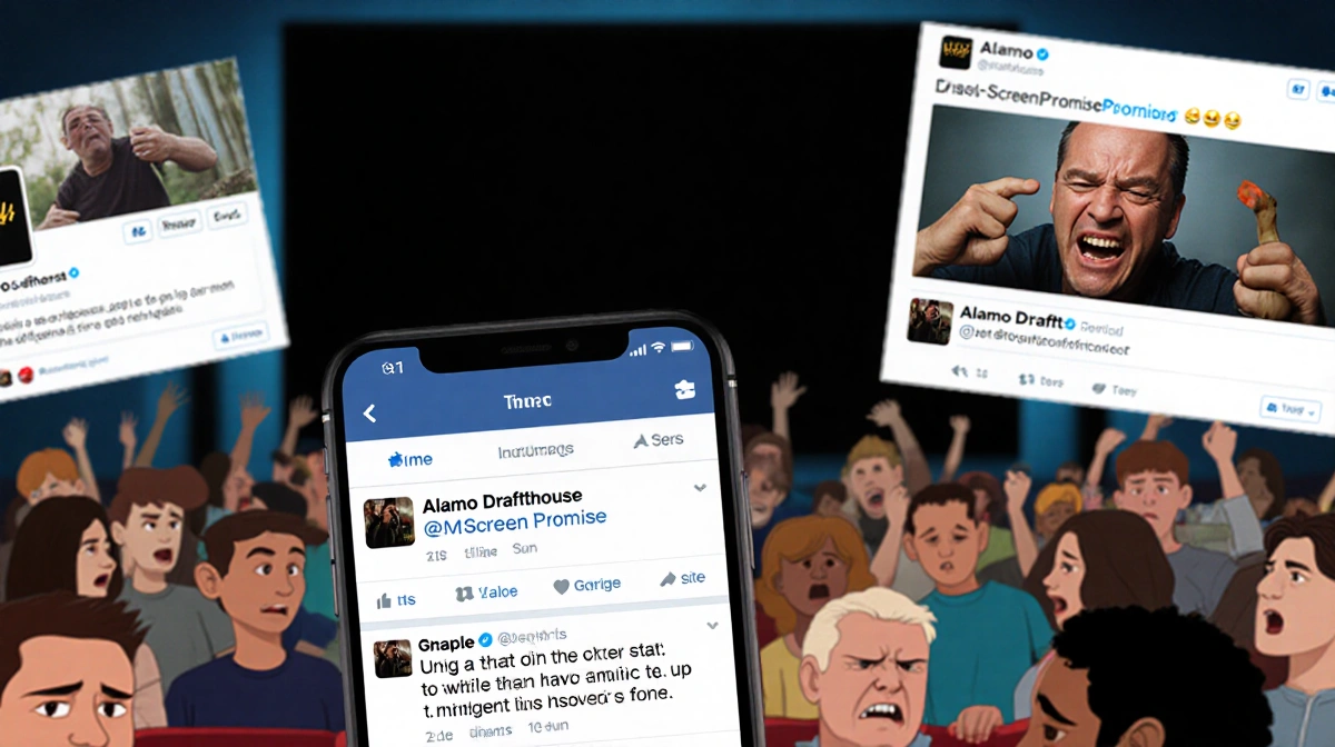 Angry social media posts flood screens with frustrated moviegoers venting complaints about cinema experience and dark screen 