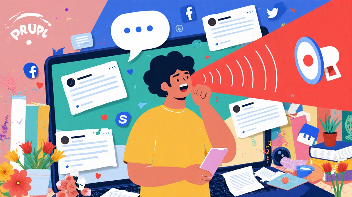 Person stands with phone showing social media notifications and red sound waves with books and flowers symbolizing online neg