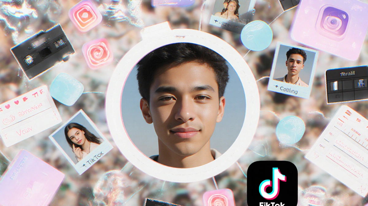 Person's face looking at social media collage with filters and Fizz app logo in corner.