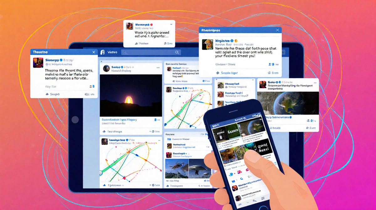 Person scrolling smartphone with colorful social media posts about a mysterious glow and swirling lines showing community spr