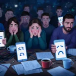Thousands of disappointed faces glow from smartphone screens with coffee cups and tangled cables scattered across the darkene
