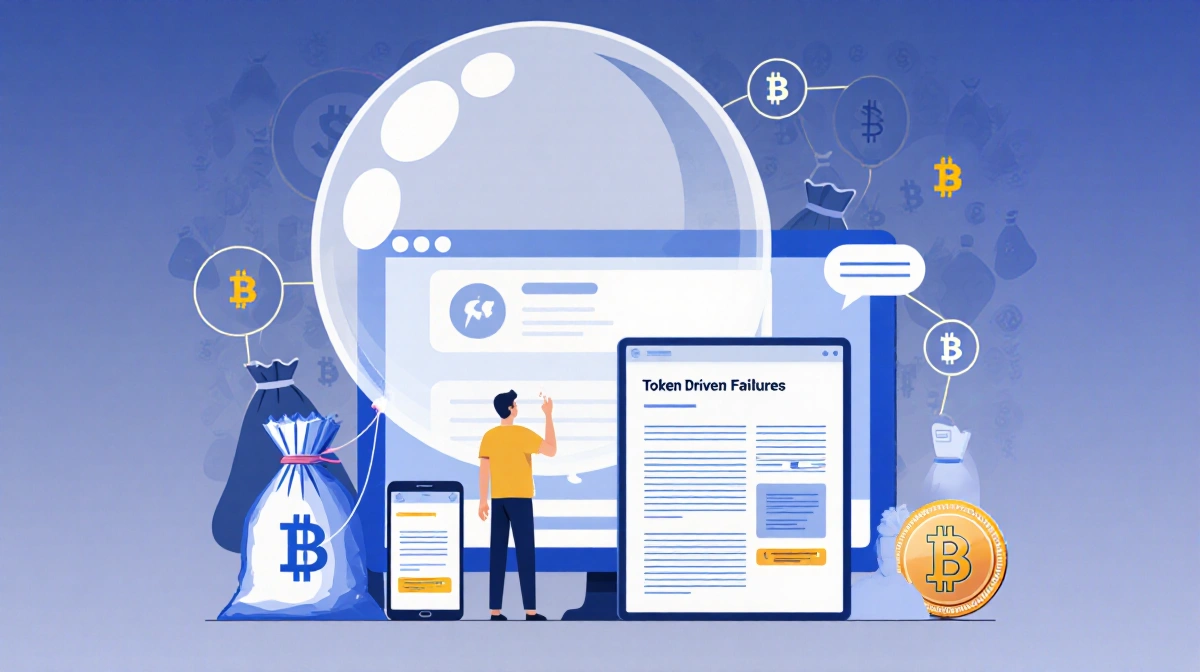 Creator stands before inflated balloon with smaller book showing stable price tag and crypto symbols floating behind