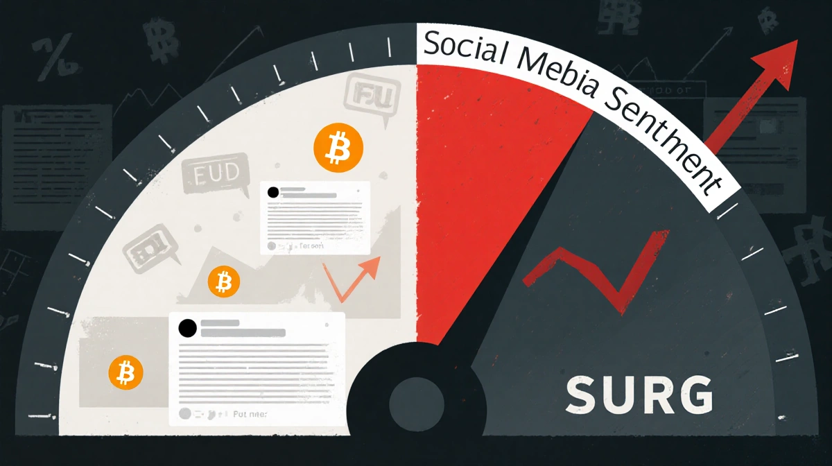 Social sentiment meter plunging downward with red bar showing negative crypto commentary surge and Bitcoin price rising in ba
