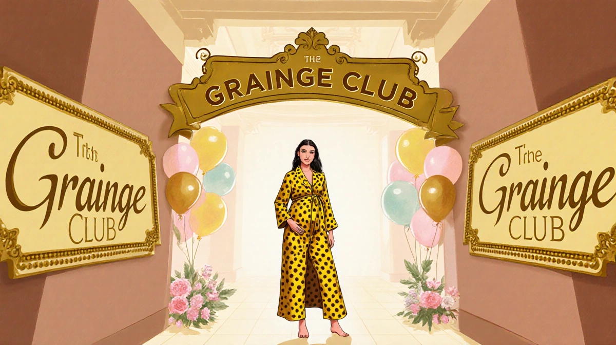 Pregnant Sofia Richie glows under golden The Grainge Club sign at baby shower with yellow polka-dot robe and pastel balloons