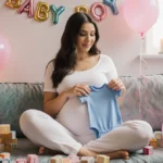 Sofia Richie cradles her baby bump with blue onesie and pink balloons showing pregnancy glow