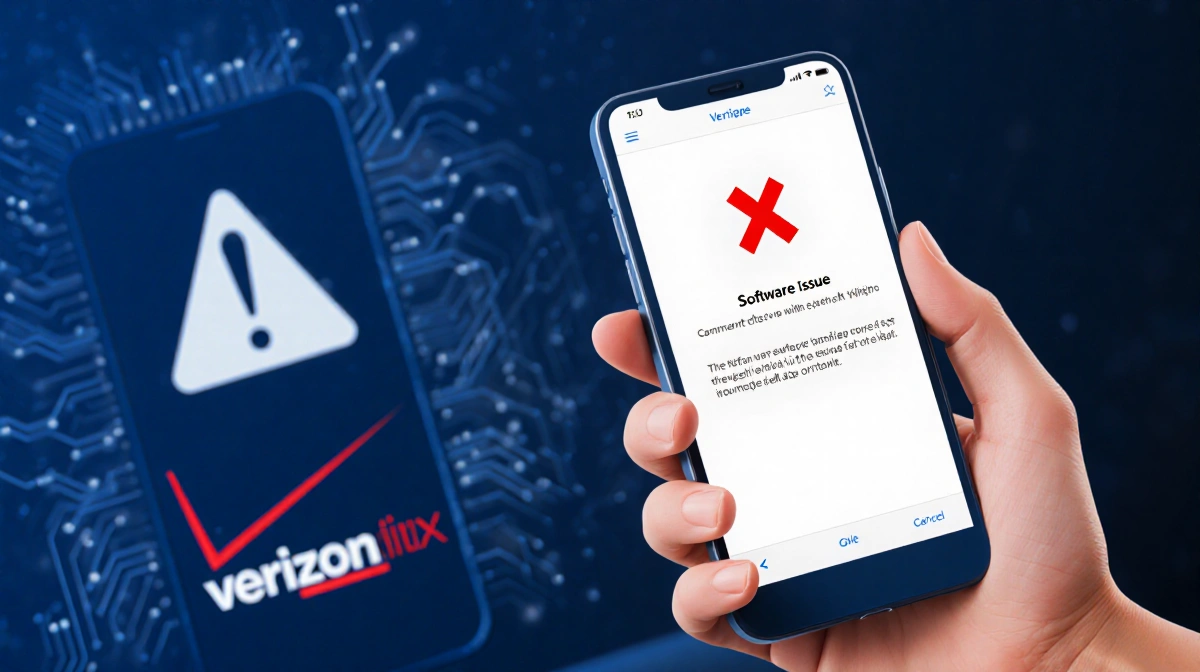 Computer screen shows software error message with red X and circuitry patterns with person's hand holding Verizon smartphone 