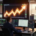 Trader works at computer with soaring crypto chart and Solana logo visible on glowing screens