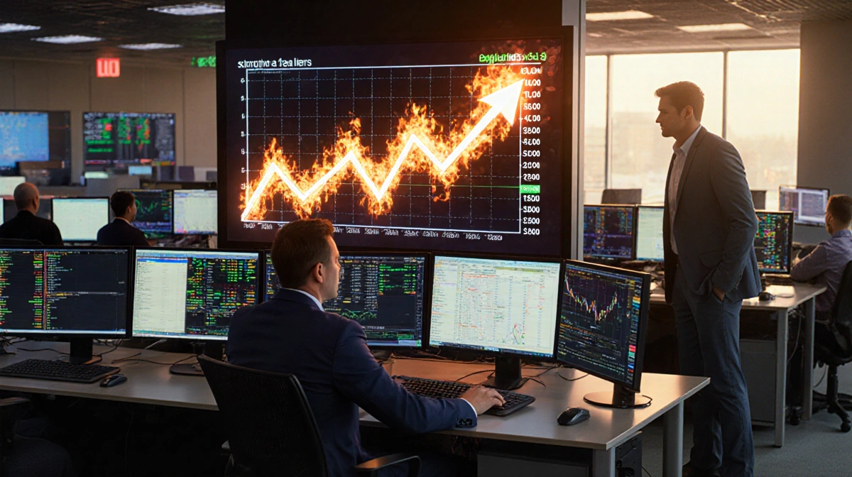 Trader works at computer with soaring crypto chart and Solana logo visible on glowing screens