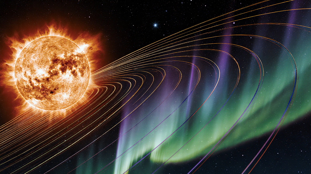 Solar flare erupting above Earth's magnetic field with bright corona and aurora borealis in green and blue