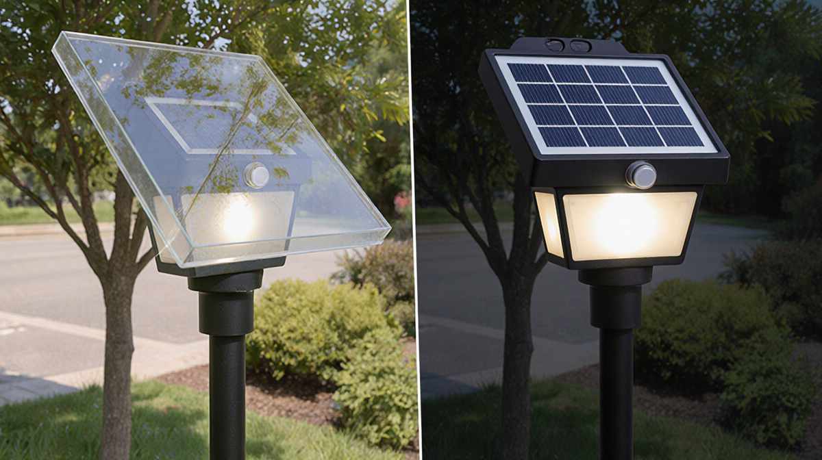 Solar-powered light stand illuminating with LED lights with angled glass panels and a garden background