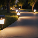Golden light spills onto winding pathway with solar motion sensor lights and surrounding foliage