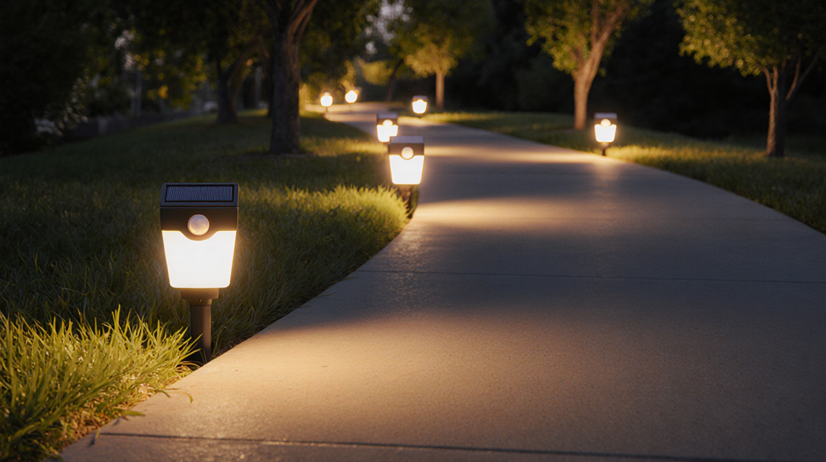 Golden light spills onto winding pathway with solar motion sensor lights and surrounding foliage