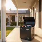 Solar-powered suburban home shows HomePower 3600 Plus open on porch with lush greenery and roof panels