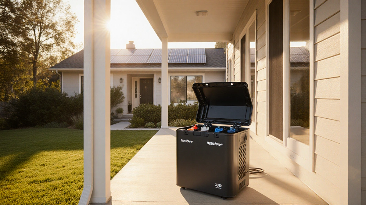 Solar-powered suburban home shows HomePower 3600 Plus open on porch with lush greenery and roof panels