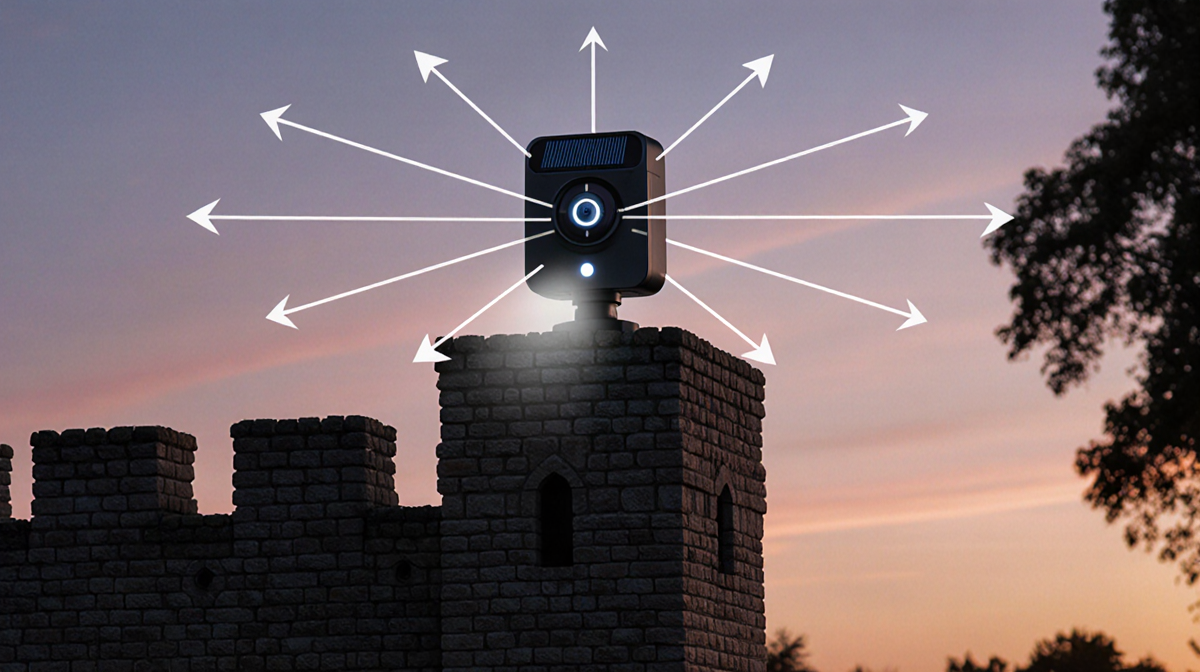Solar powered camera sits on castle wall at dusk with radiating arrows showing 135-degree view and glowing infrared LEDs.