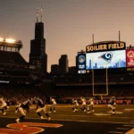 Chicago Bears players in action at Soldier Field with navy and orange jerseys visible and the skyline glowing in the backgrou