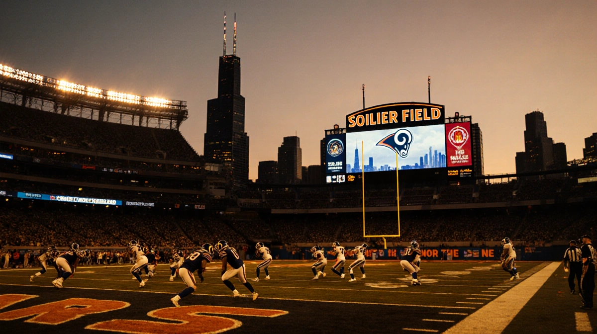 Chicago Bears players in action at Soldier Field with navy and orange jerseys visible and the skyline glowing in the backgrou