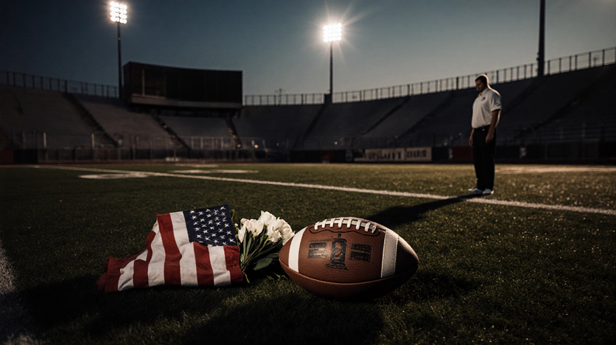 Football coach stands alone on field with abandoned ball and folded flag honoring loss