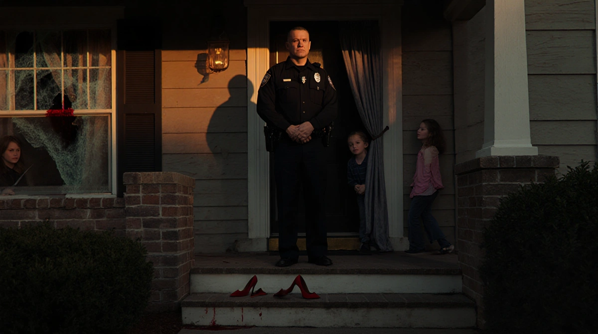 Police officer standing at suburban home entrance with abandoned high heels on porch steps and children watching through wind
