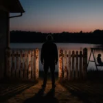 Person stands by weathered fence with rusty gate and lake at dusk