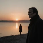 Man stands at lake edge with orange sunset and woman silhouette walking away
