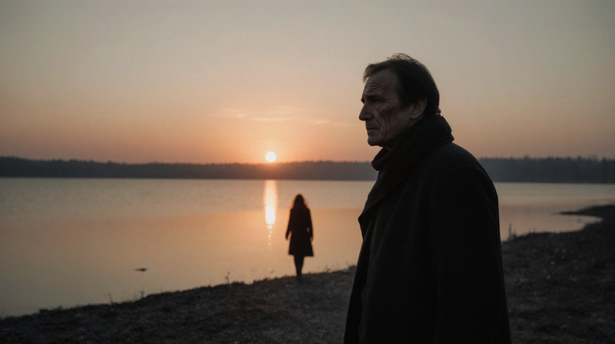 Man stands at lake edge with orange sunset and woman silhouette walking away