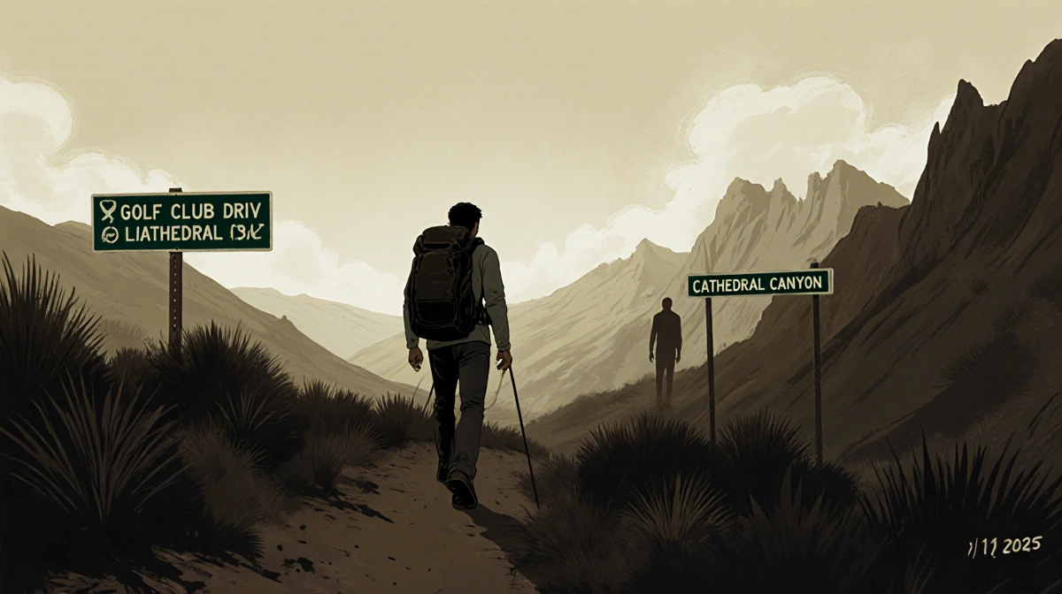 Hiker pauses on CV Link trail with Golf Club Drive sign and distant figure creating uneasy moment