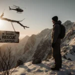 Somber hiker stands at Mt. Baldy summit with rescue helicopter hovering nearby and sunset casting shadows across the snow-cov