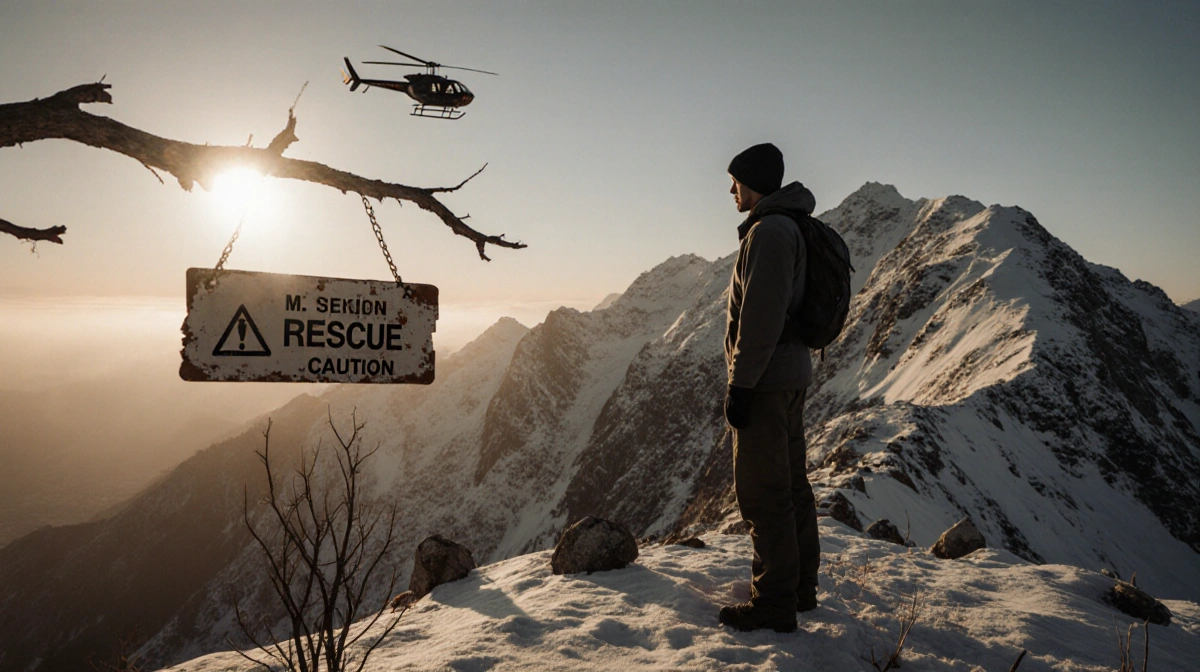 Somber hiker stands at Mt. Baldy summit with rescue helicopter hovering nearby and sunset casting shadows across the snow-cov