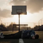 Motionless teen lies beside basketball hoop with worn jacket and sneakers under dawn