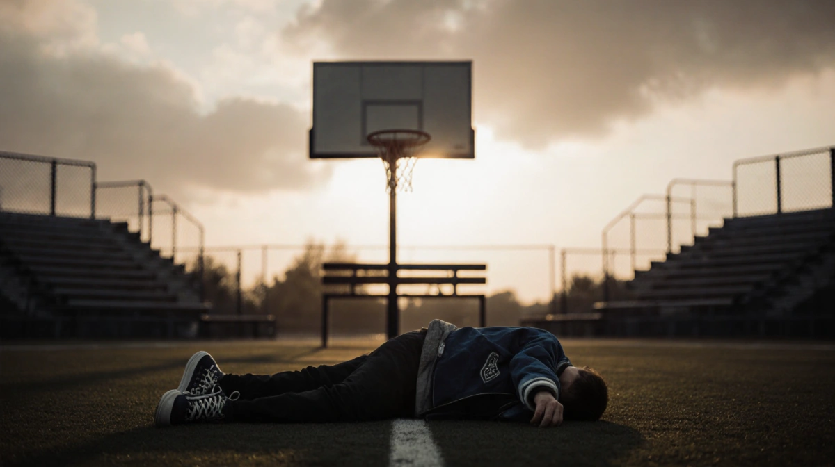 Motionless teen lies beside basketball hoop with worn jacket and sneakers under dawn