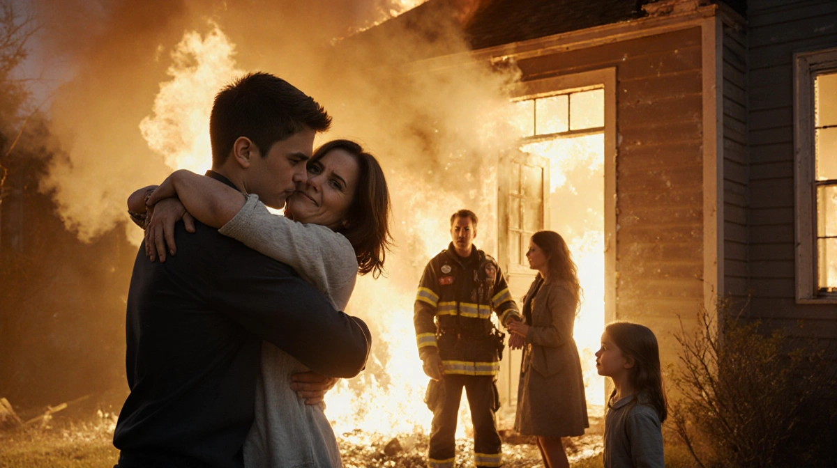 Son rescuing mother from house fire with flames and smoke behind them