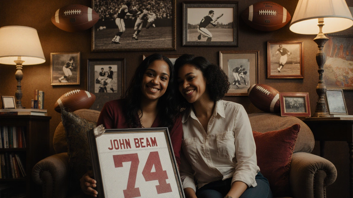 Two young women smiling while holding a John Beam jersey with football memorabilia and photos visible behind them