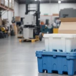 Neatly stacked corrugated packaging containers rest in warehouse with industrial machinery visible behind