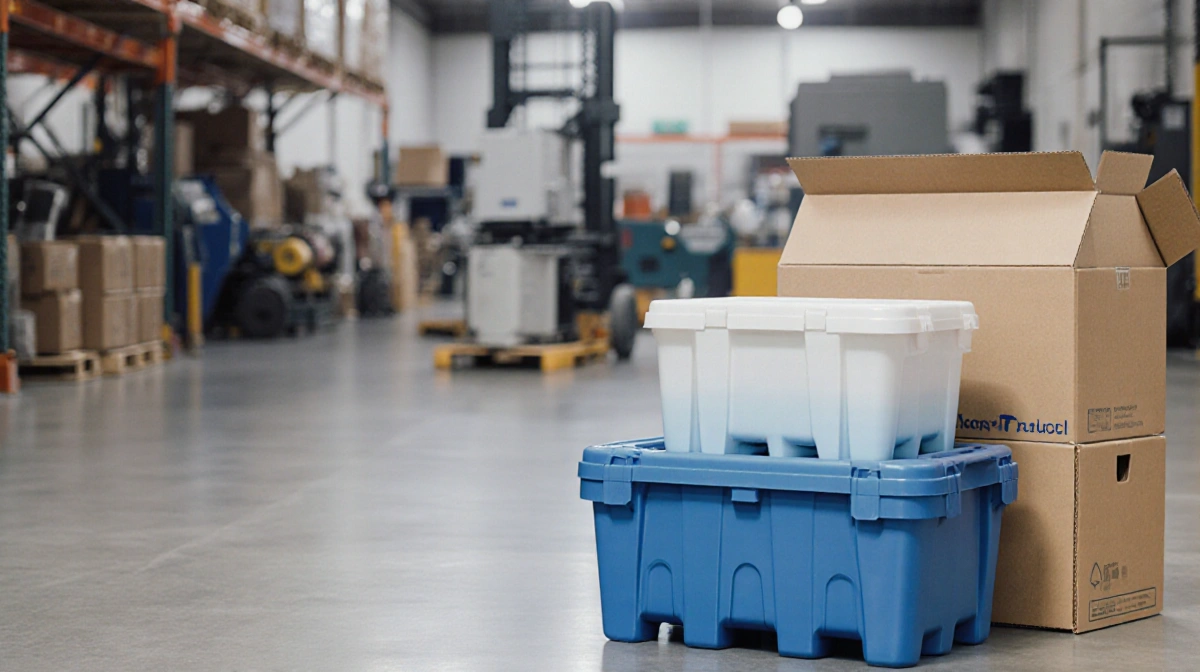 Neatly stacked corrugated packaging containers rest in warehouse with industrial machinery visible behind