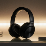 Sony WH-1000XM6 headphones resting on minimalist desk with warm golden LED light behind and reflections on glass.